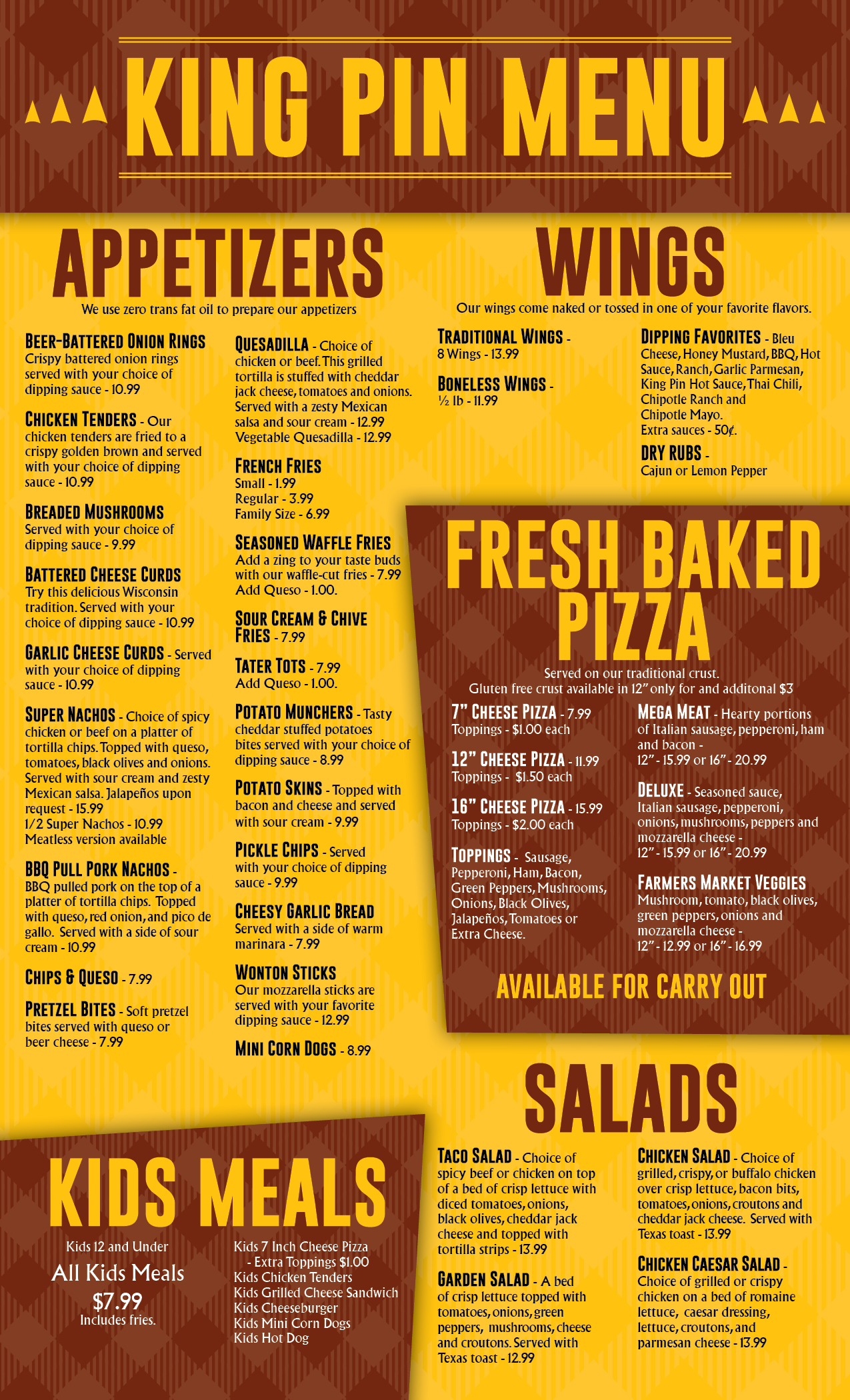 King Pin Menu featuring Appetizers, wings, Pizza, Salads and Kids Meals