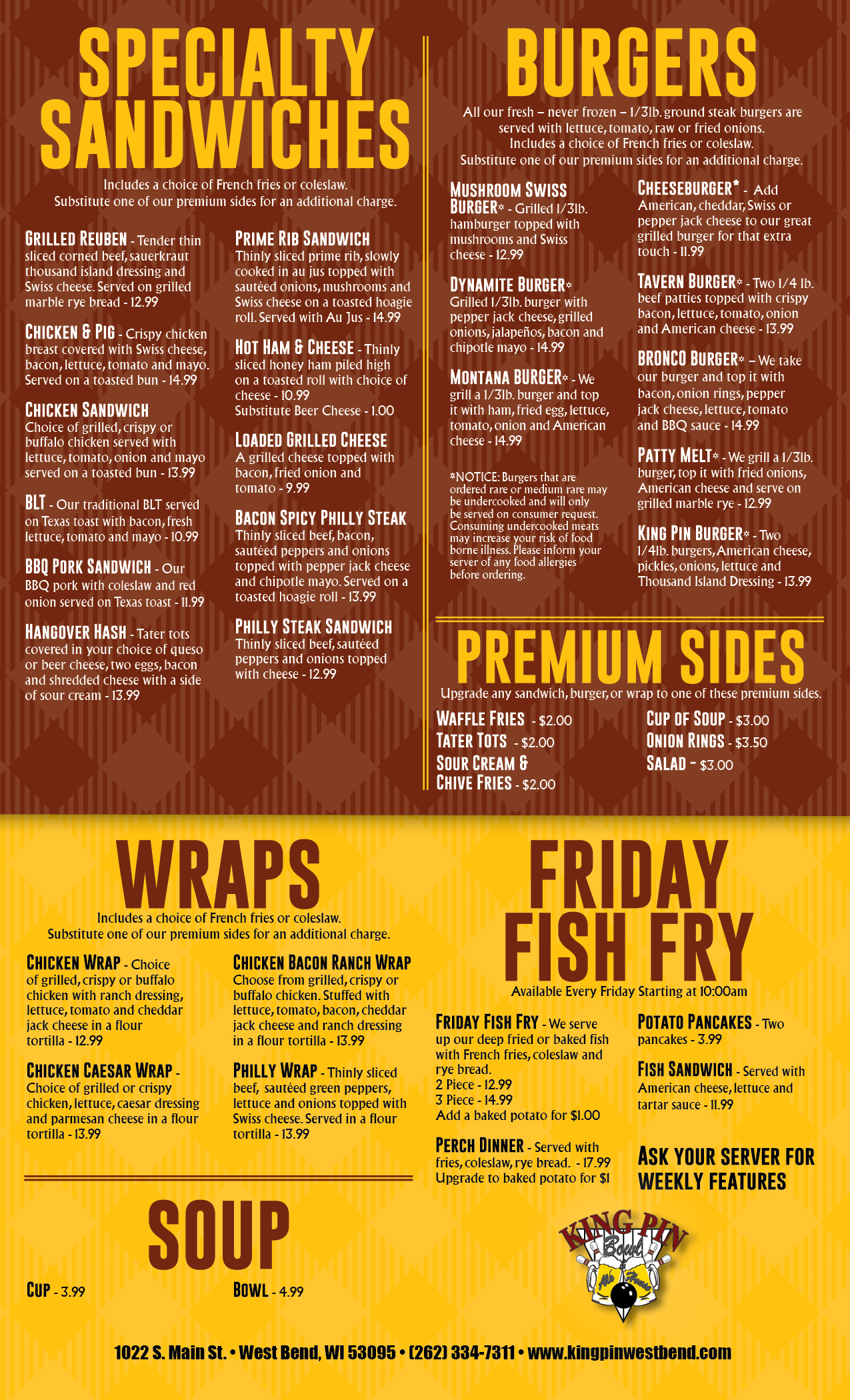 King Pin Menu featuring Sandwiches, Burgers, Wraps, Fish Fry and Soup
